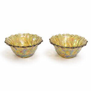 Vintage Iridescent Marigold Carnival Glass Floral Bowls (Set of 2)